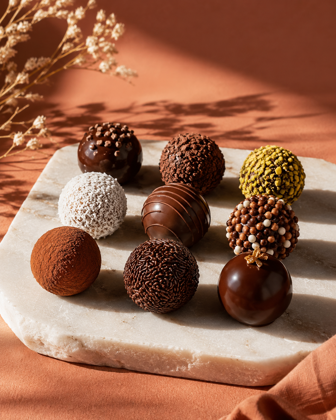 A curated mix of cocoa-dusted, nut-coated and classic truffles.